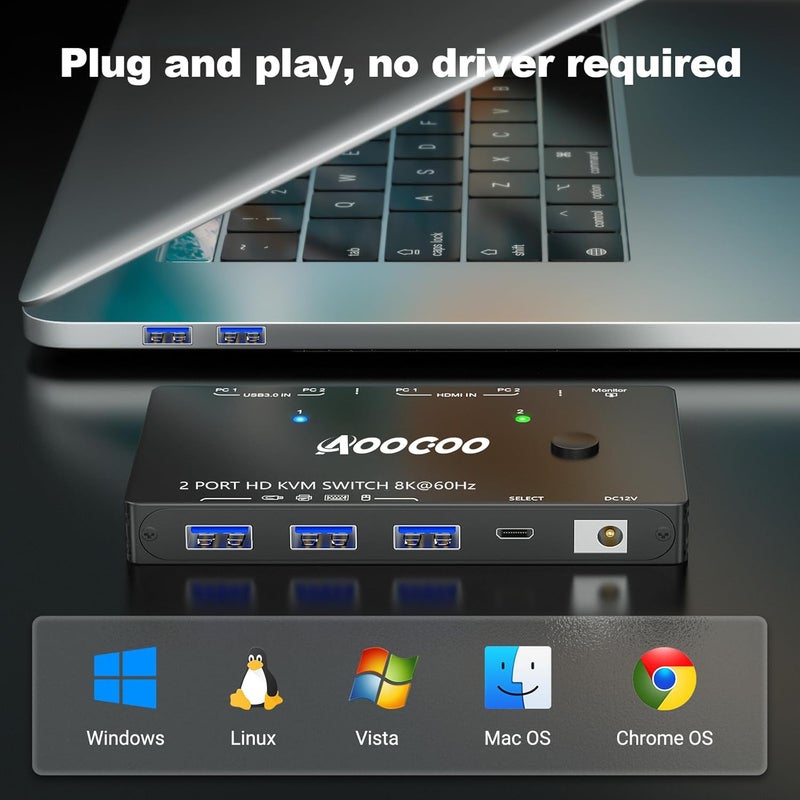 AOOCOO مفتاح KVM HDMI 1 شاشات 2 كمبيوتر 8K@60Hz/4K@120Hz مفاتيح KVM مع منفذ USB 3.0، جهاز تحكم سلكي، محول طاقة وكابلات USB3.0 متضمنة - Image 5